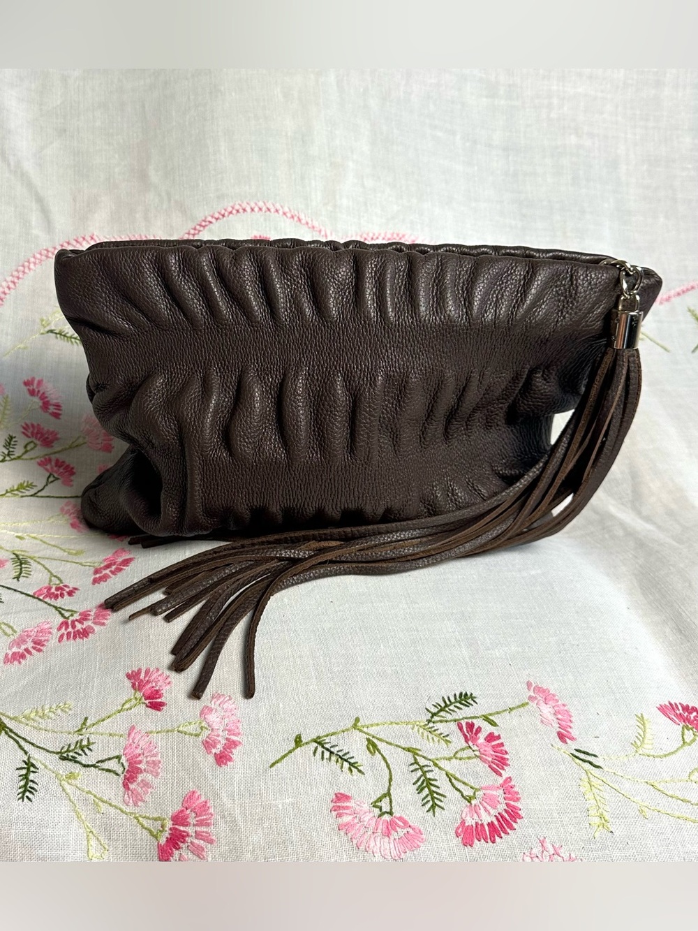 Jenny Bird Brown Genuine Leather Tassel Clutch Foldover Bag